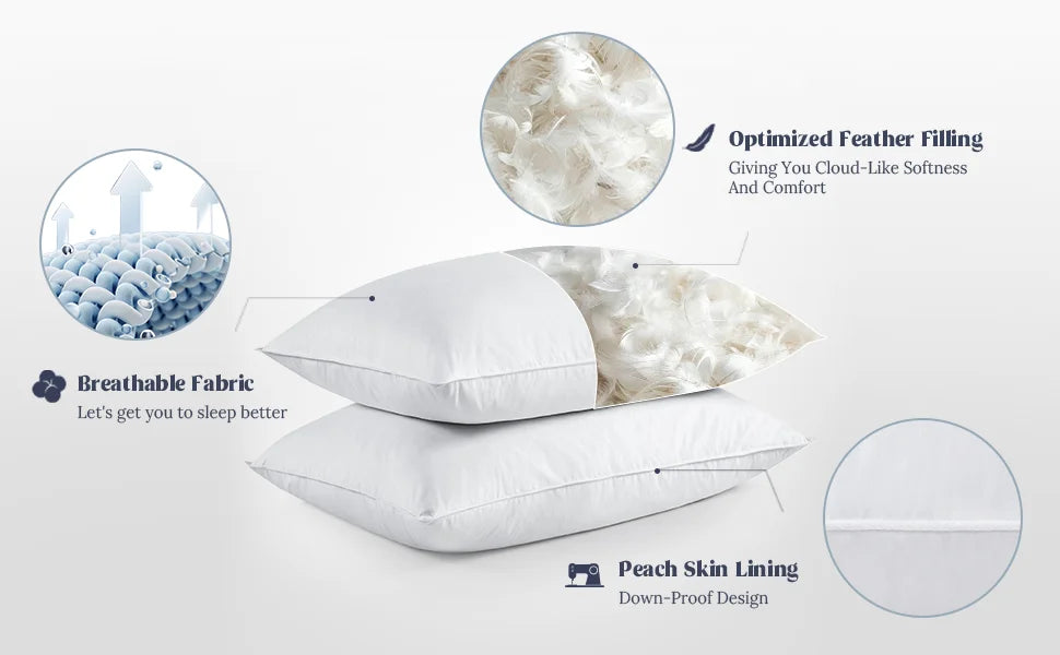 Tex Stead Goose Down Pillow 100 Percent Cotton Set Bed Pillow Luxury Hotel White Pillow Core Comfortable and Warm 2 Piece Set