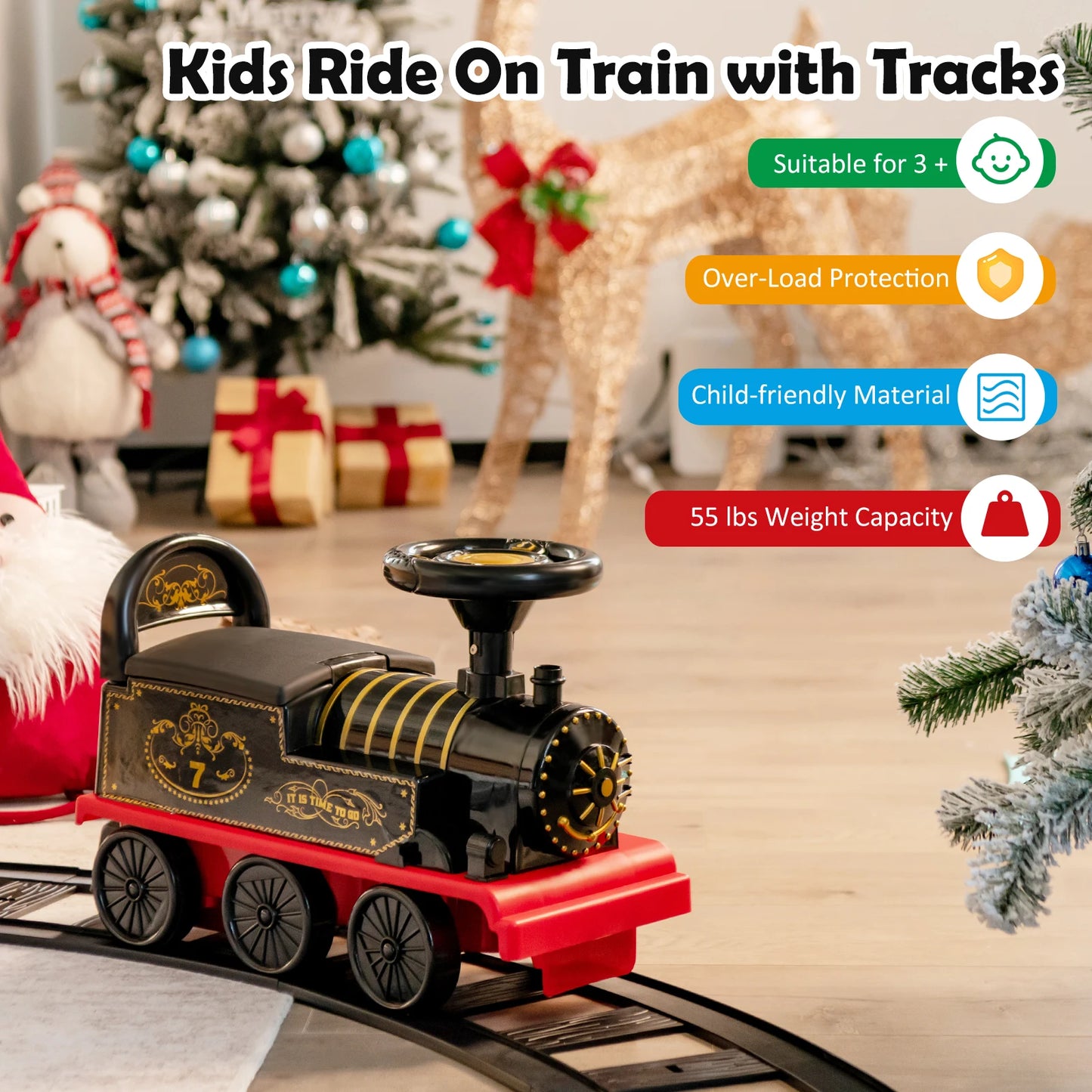 Six Volt Kids Electric Ride On Train With Track And Six Wheels Black