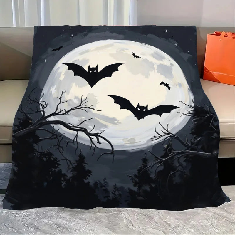 Flannel Blanket All Season Halloween Moon Bat Print