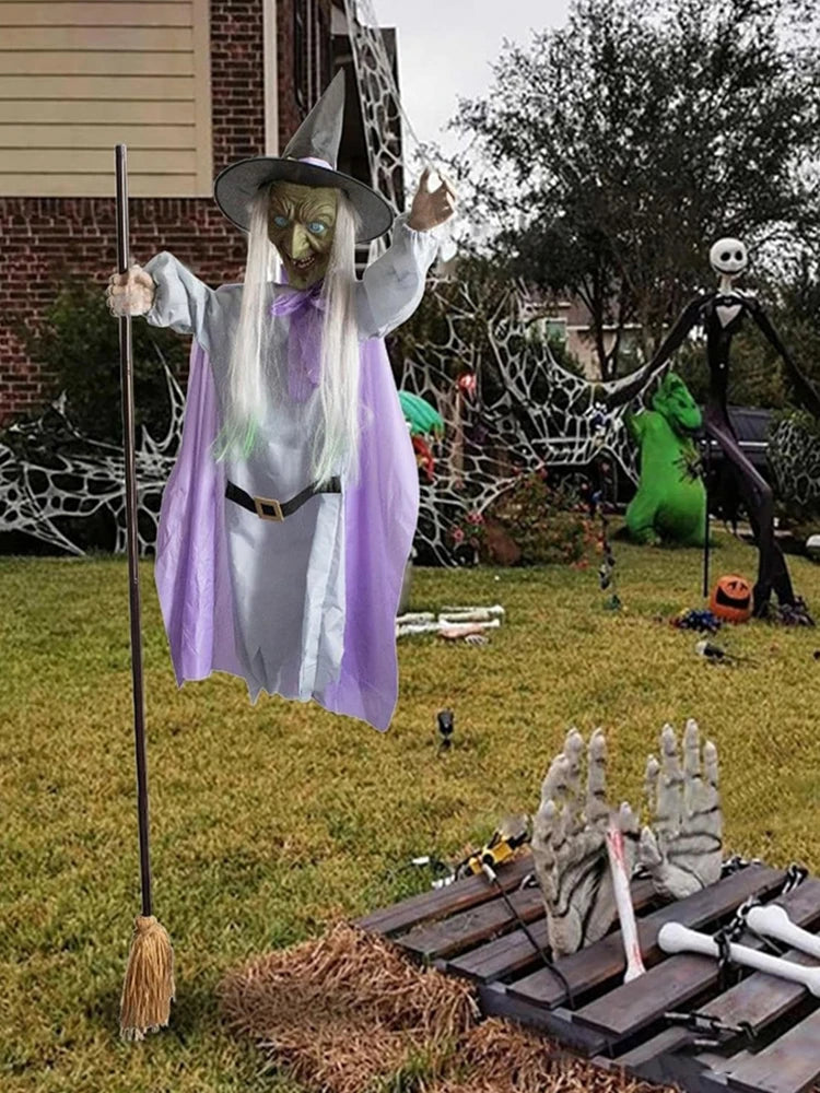 Flying Witch Decorations Luminous Eyes Halloween On Broom