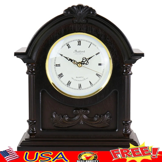 Chocolate Wood Mantel Clock with Chimes Four Chime Modes Volume Toggle Classic Roman Numerals Cozy Home Decor Battery Operated