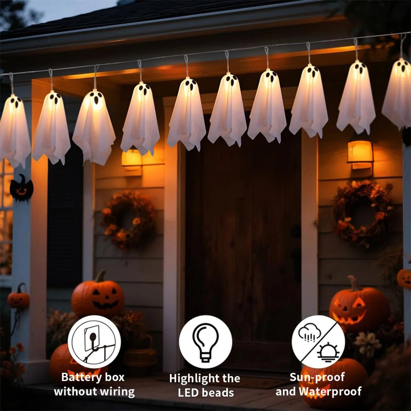 Halloween Decorations Hanging Ghosts 10pcs Spooky Ghosts String Lights for Front Yard Patio Garden Party Porch Decor