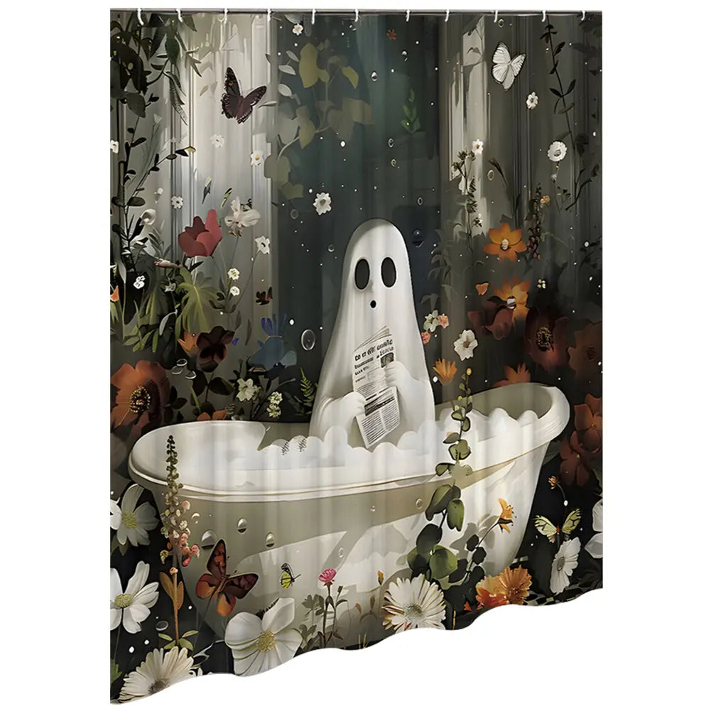 Cute Cartoon Ghost Shower Curtain Set Halloween Bath Decor