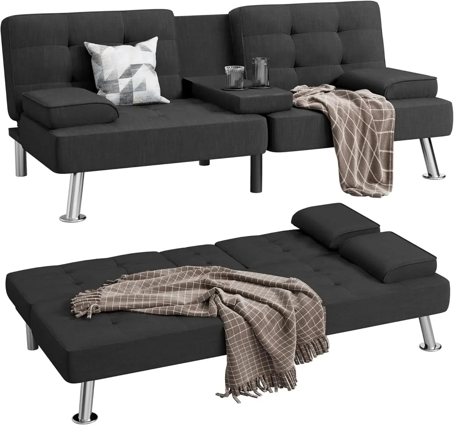 Modern Linen Upholstered Convertible Futon Sofa Cup Holders