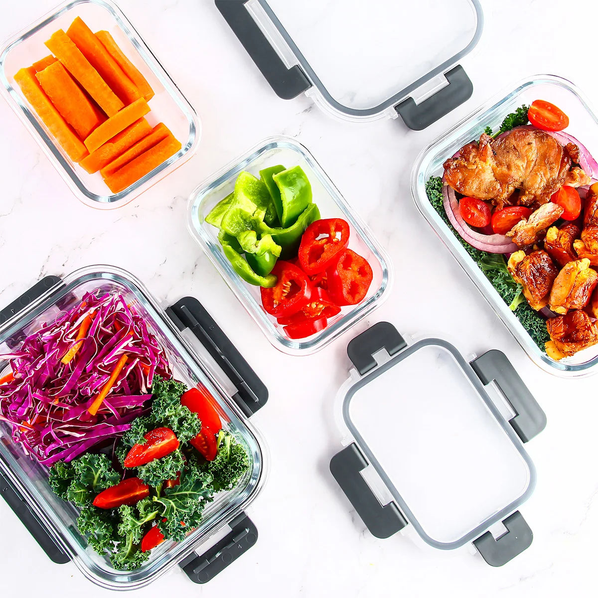 8 Piece Glass Food Storage Containers Set BPA Free Leakproof Microwave and Oven Safe 6 Sizes Borosilicate Glass Lock Lid
