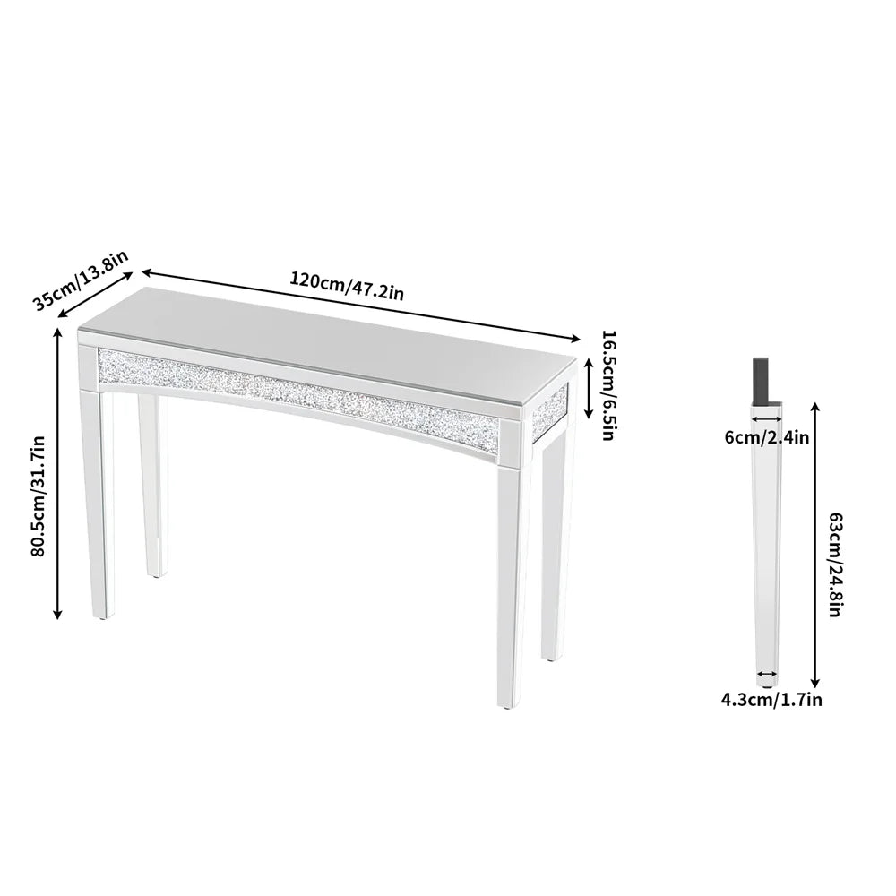 LUVODI Modern Glass Mirror Console Table Crushed Diamond