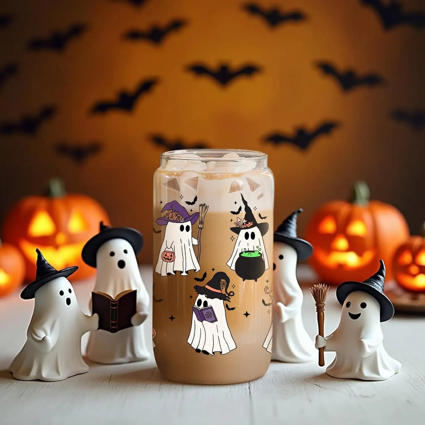 Witch Ghost Halloween Cup 16 Oz Glass Tumbler With Lids