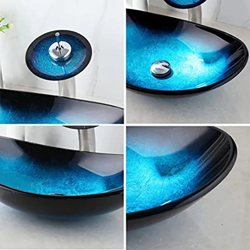 ZAPPO Tempered Glass Vessel Sink With Waterfall Faucet Blue