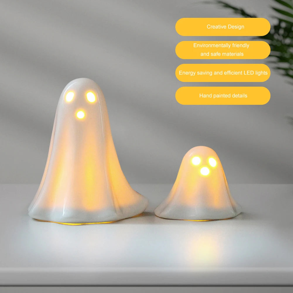 Halloween LED Light Up Ghost Decor Handmade Ceramic Ghost Sculpture Illuminated Desktop Decoration