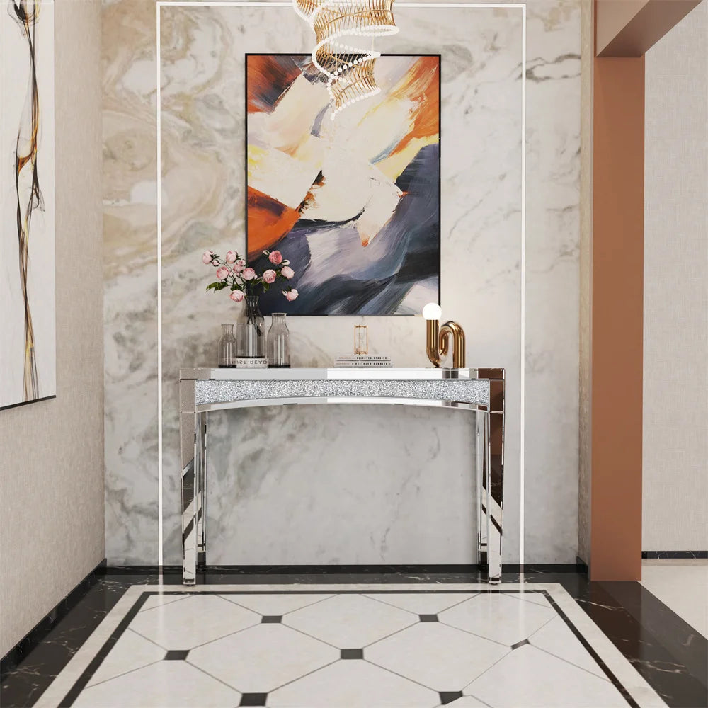 LUVODI Modern Glass Mirror Console Table Crushed Diamond