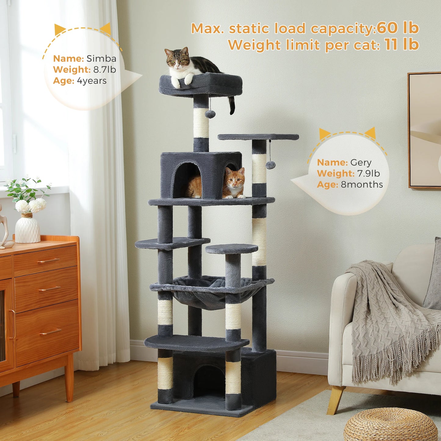 Large Cat Tree Tower Indoor Cats With Sisal Posts Hammock