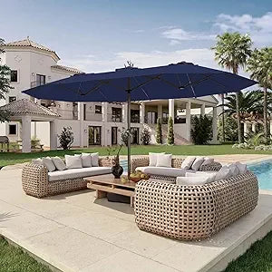 15Ft Double Sided Patio Umbrella With Base Included Large Outdoor Market Umbrella With Crank Handle UV Resistant Canopy Sturdy Alloy Steel Rectangular Aqua Blue