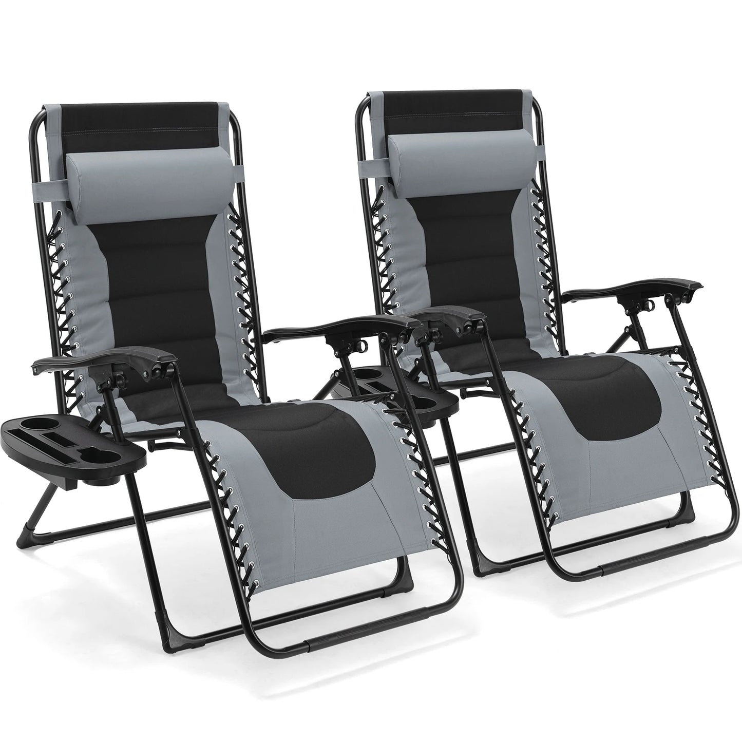 Padded Zero Gravity Lounge Chair Folding Patio Recliner with Adjustable Headrest and Cup Holder Support 160kg Sun Loungers