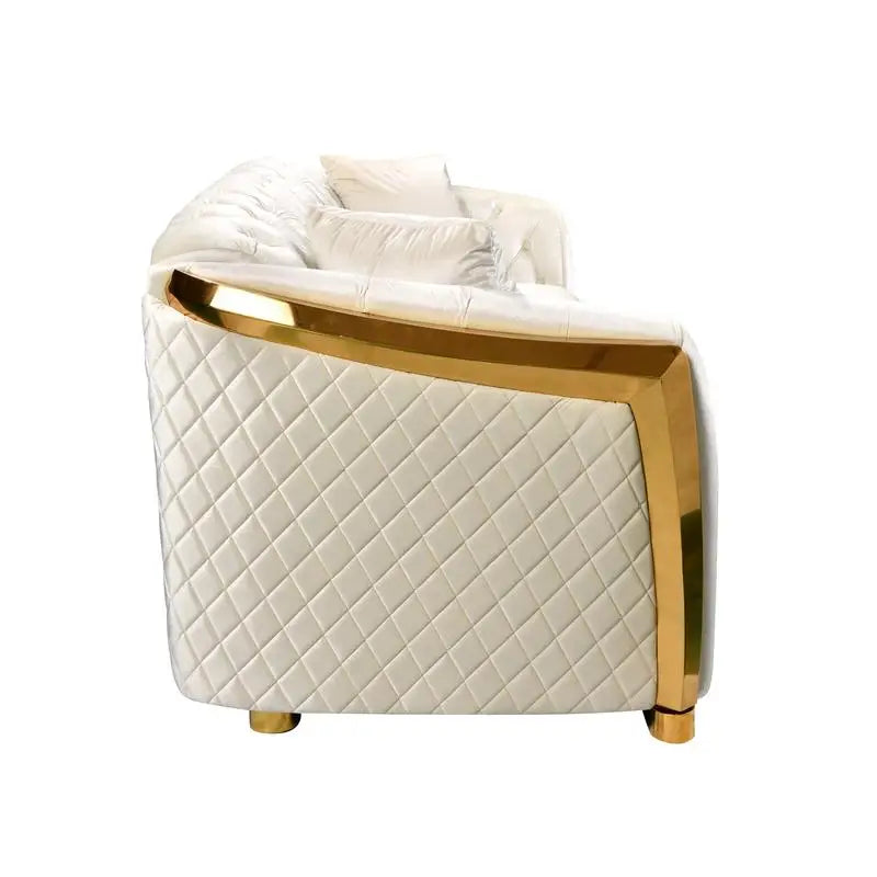 Beige Velvet Sofa Set 84 Inch Tufted 3 Seater With Gold Stainless Legs