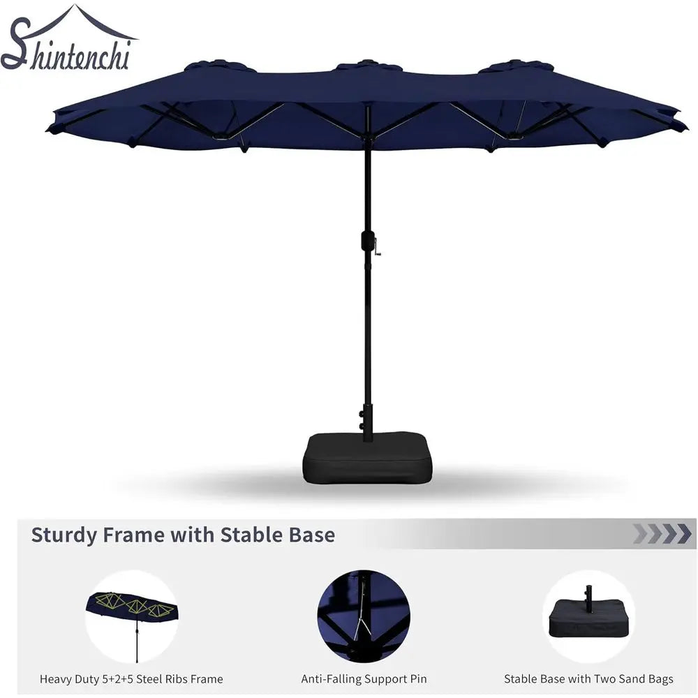 16Ft Rectangular Outdoor Patio Umbrella With Crank Double Sided Dark Blue