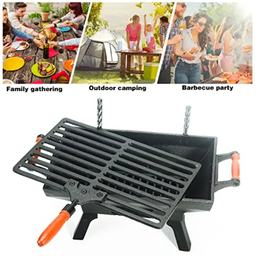Compact Cast Iron Charcoal Grill 12 x 7 With Adjustable Grate And Wood Handles