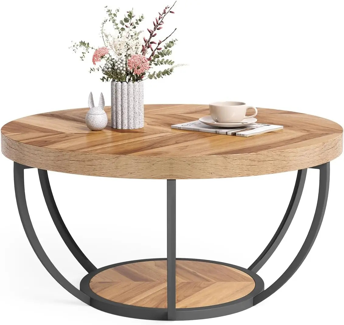 32 Inch Circle Marble Coffee Table With 2 Tier Gold Metal Legs Open Storage