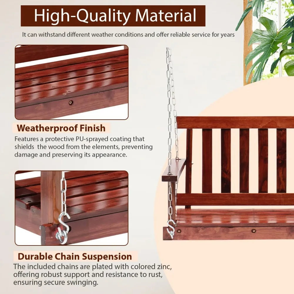 4 Ft Outdoor Wooden Porch Swing Bench 800 Lbs Capacity Adjustable Chains Patio