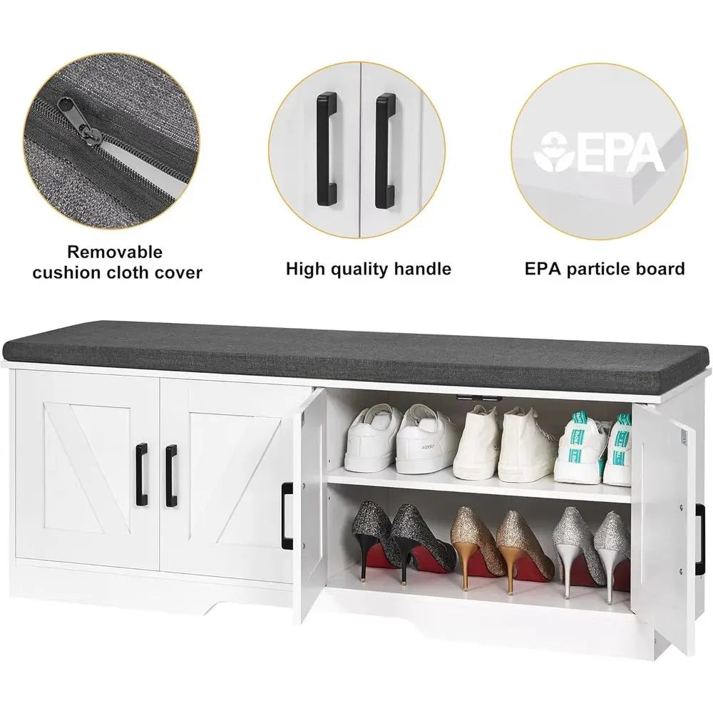 2-Tier Storage Bench With Padded Seat Cushion Entryway Barn Door Shelves