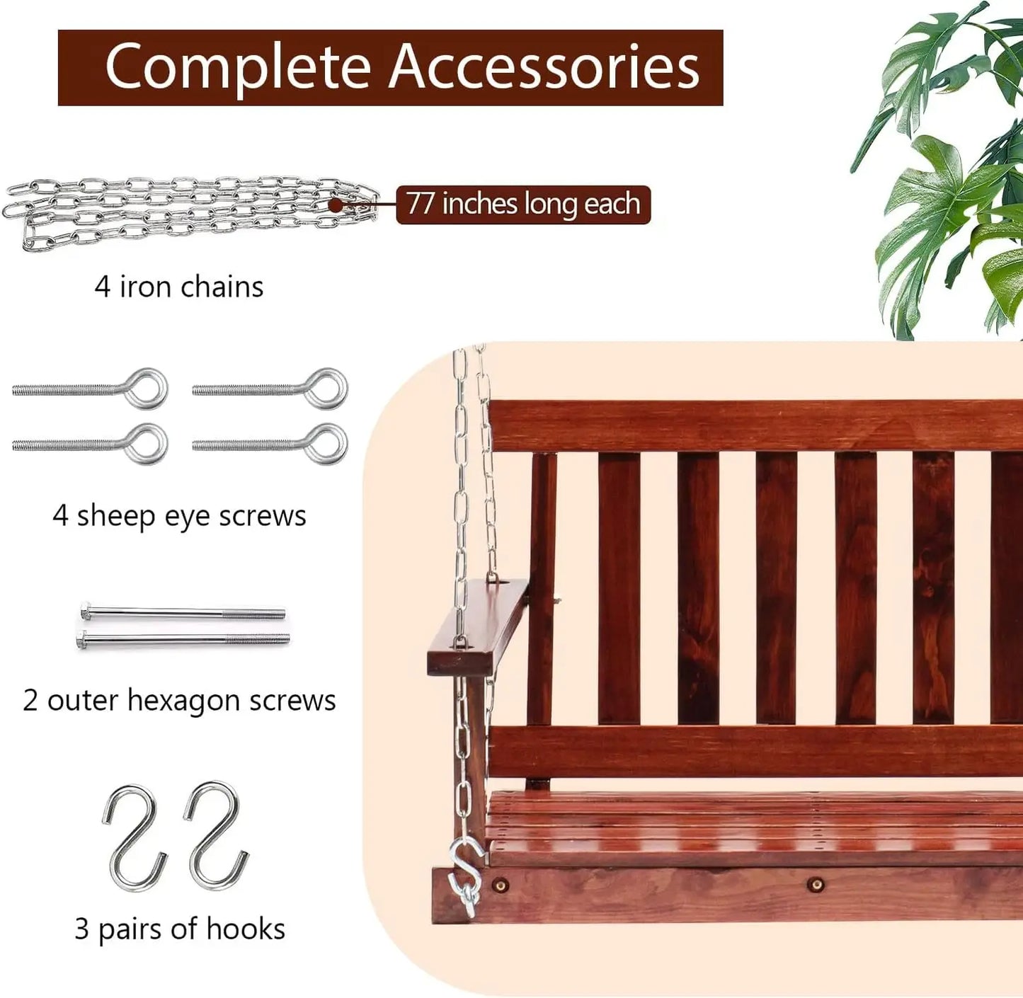 4 Ft Outdoor Wooden Porch Swing Bench 800 Lbs Capacity Adjustable Chains Patio