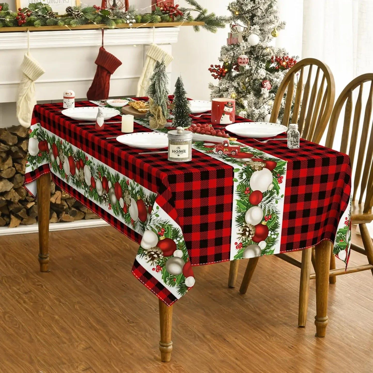 Buffalo Plaid Christmas Rectangular Tablecloth Red Reusable