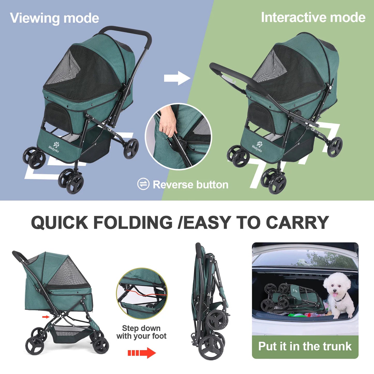 Medium Dog Pet Stroller With Poop Bags Reversible Handlebar