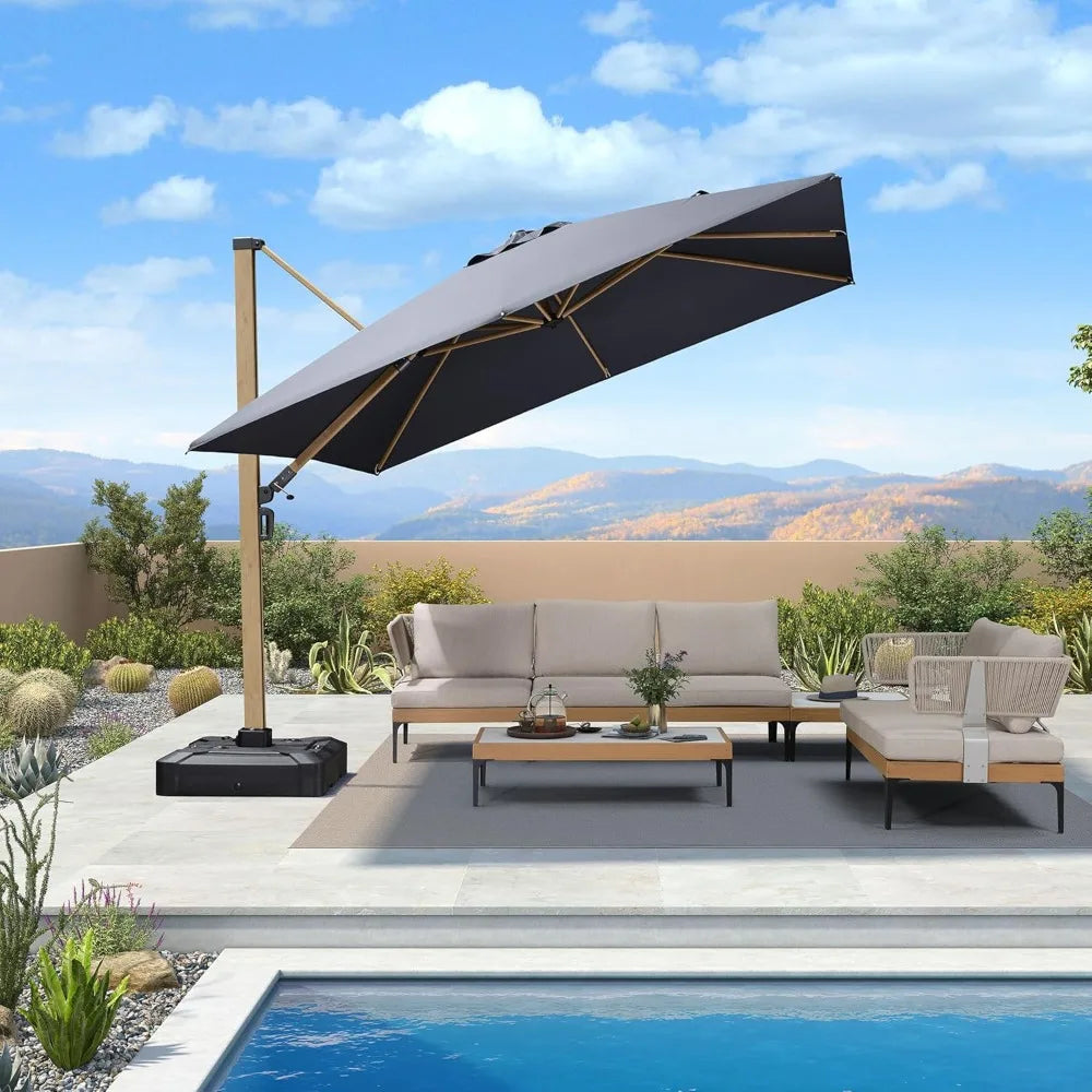 10ft Patio Cantilever Umbrella With Base Teak Finished Aluminum Frame Windproof