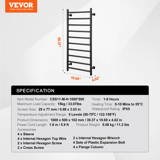 SucceBuy Wall Mounted Towel Warmer Rack 5 Levels IPX5
