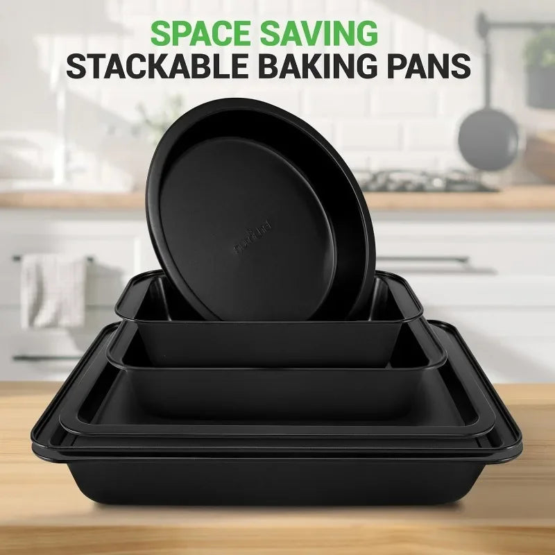 For Girls 10 Piece Non Stick Baking Pans Set Deluxe Carbon Steel Bakeware Set with Cookie Sheets Muffin Pan Roasting Pan Cake Pan Baking Tray Pizza Pan Easy to Clean Black
