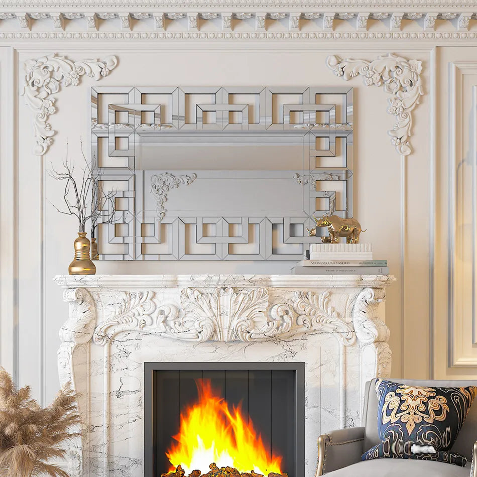 LUVODI 48 Inch Silver Wall Decorative Mirror Polished Hollow Out Accent Mirror for Hallway Living Room and Fireplace