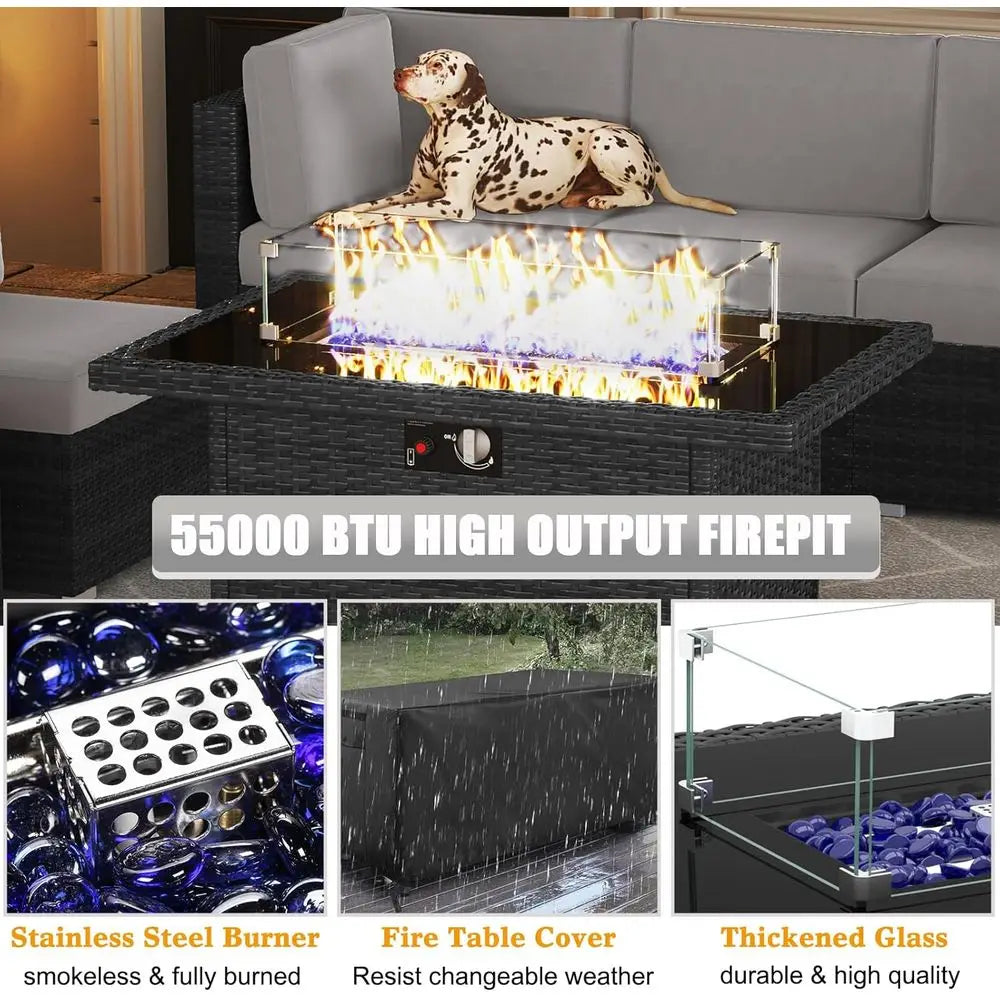 15 Piece Outdoor Patio Set With Fire Pit Table Rattan Wicker Sofa Coffee Table
