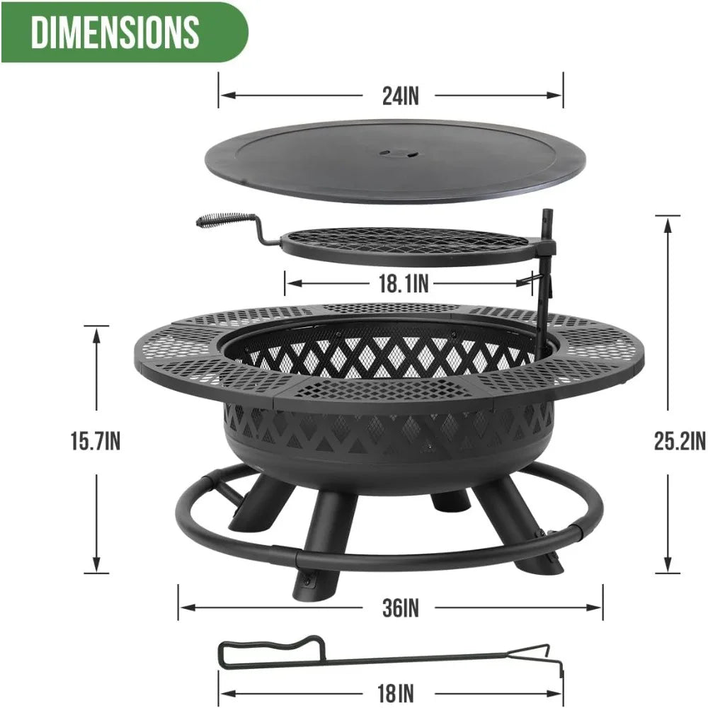 36 Inch Round Fire Pit Grill And Lid Wood Burning 3 In 1