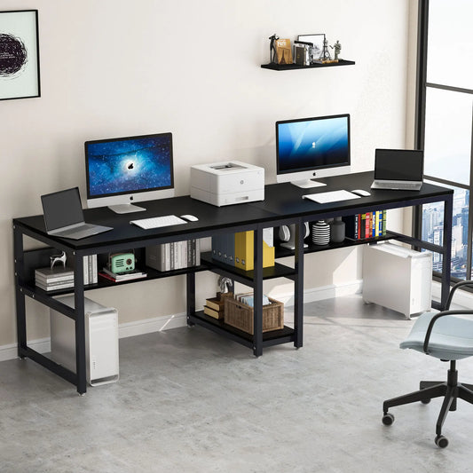 Tribesigns Two Person Desk With Bookshelf 78.7 Inch Rustic Double Computer Desk