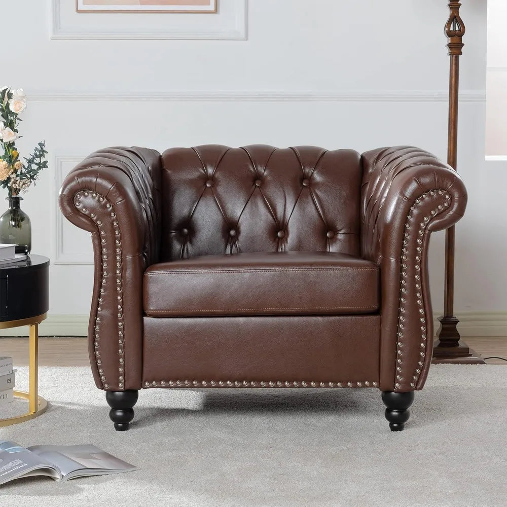 Leather Chesterfield Chair Mid Century Modern Tufted Rolled Armchair For Home