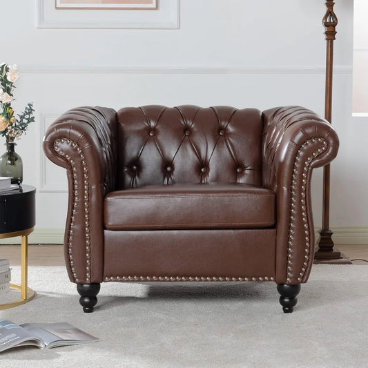 Leather Chesterfield Chair Mid Century Modern Tufted Rolled Armchair For Home