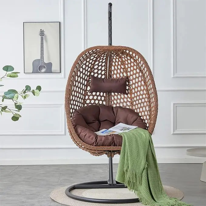 Standing Vine Hanging Egg Swing Chair Foldable Basket Indoor Outdoor Cushion and Pillow Relaxation Swing Chair