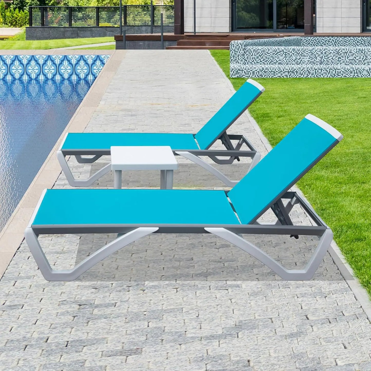 5 Position Aluminum Outdoor Lounge Chair Set Of 3 With Wheels All Weather