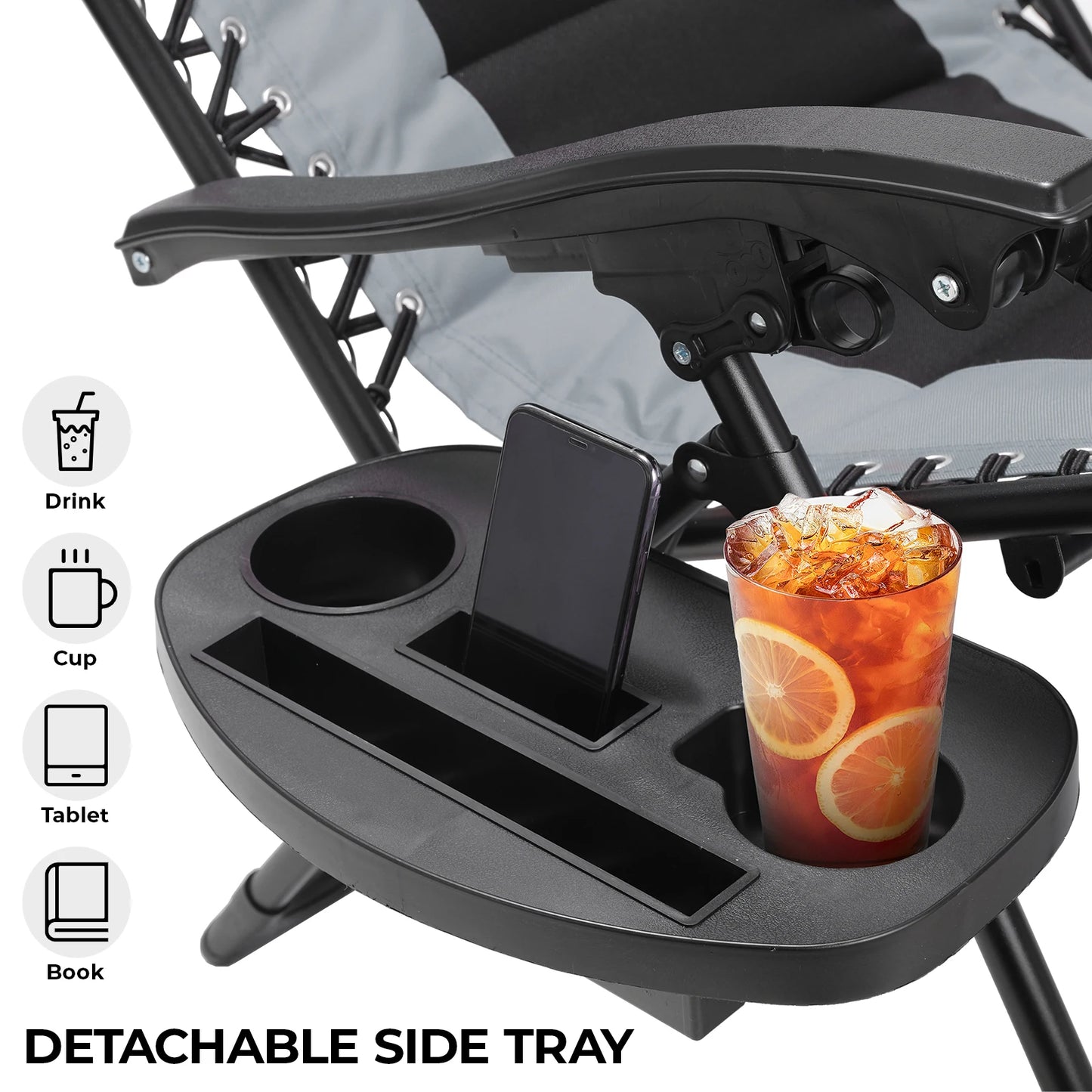 Padded Zero Gravity Lounge Chair Folding Patio Recliner with Adjustable Headrest and Cup Holder Support 160kg Sun Loungers