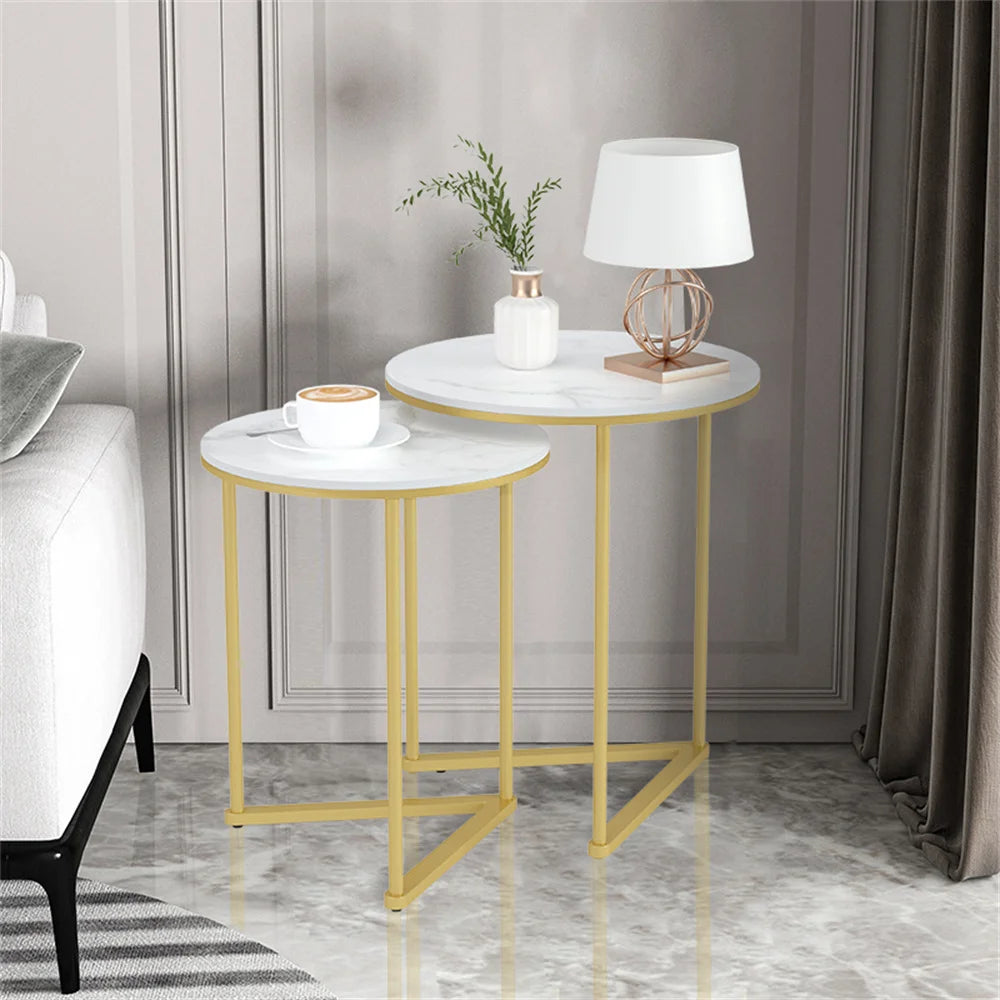 Modern Round Marble Metal Base Nesting Side Tables Set Of 2