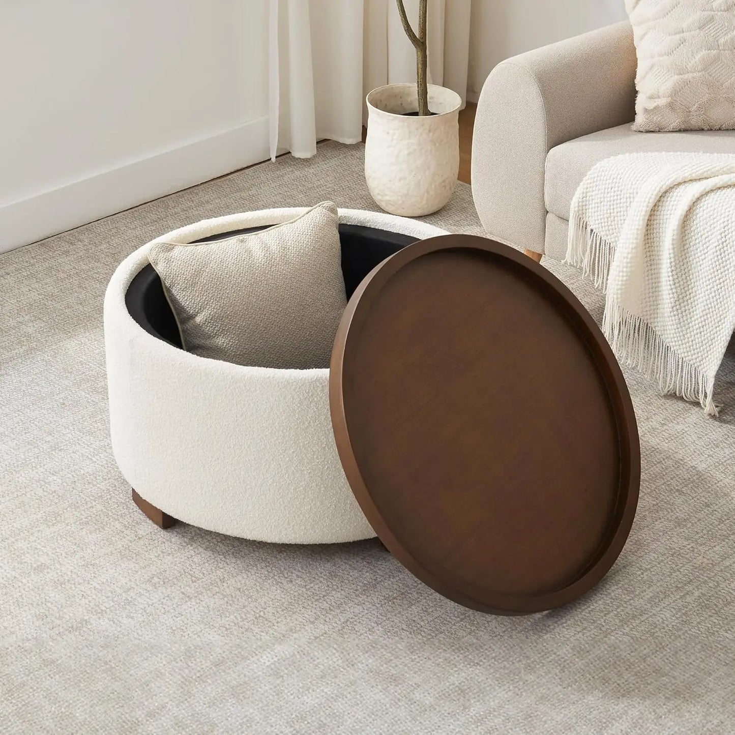 30 Inch Round Storage Ottoman Coffee Table Beige Lift Lid