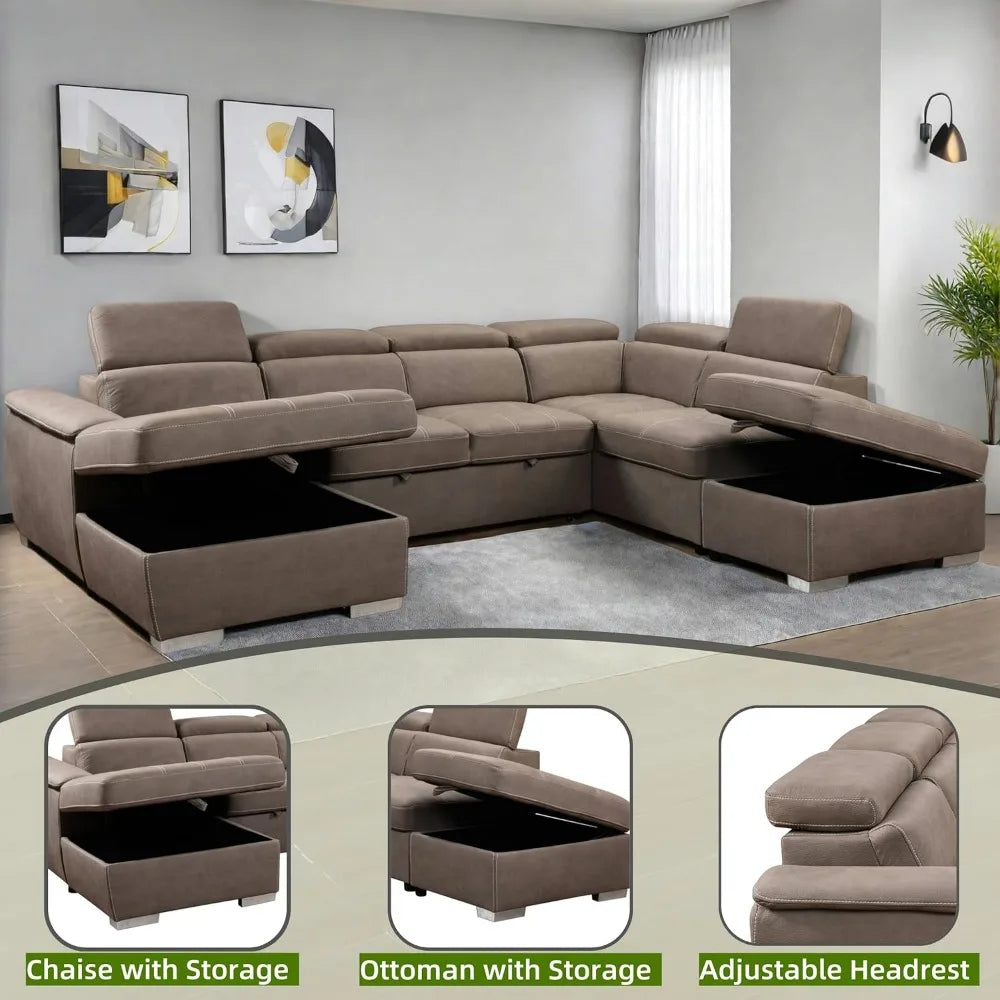 Thsuper 127 Inch Microfiber U Shaped Sectional Sleeper Sofa With Pullout Bed