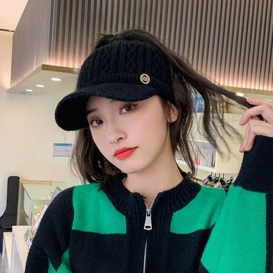 Women Winter Knitted Hat With Earflaps Ponytail Hole Windproof Visor Cap Outdoor