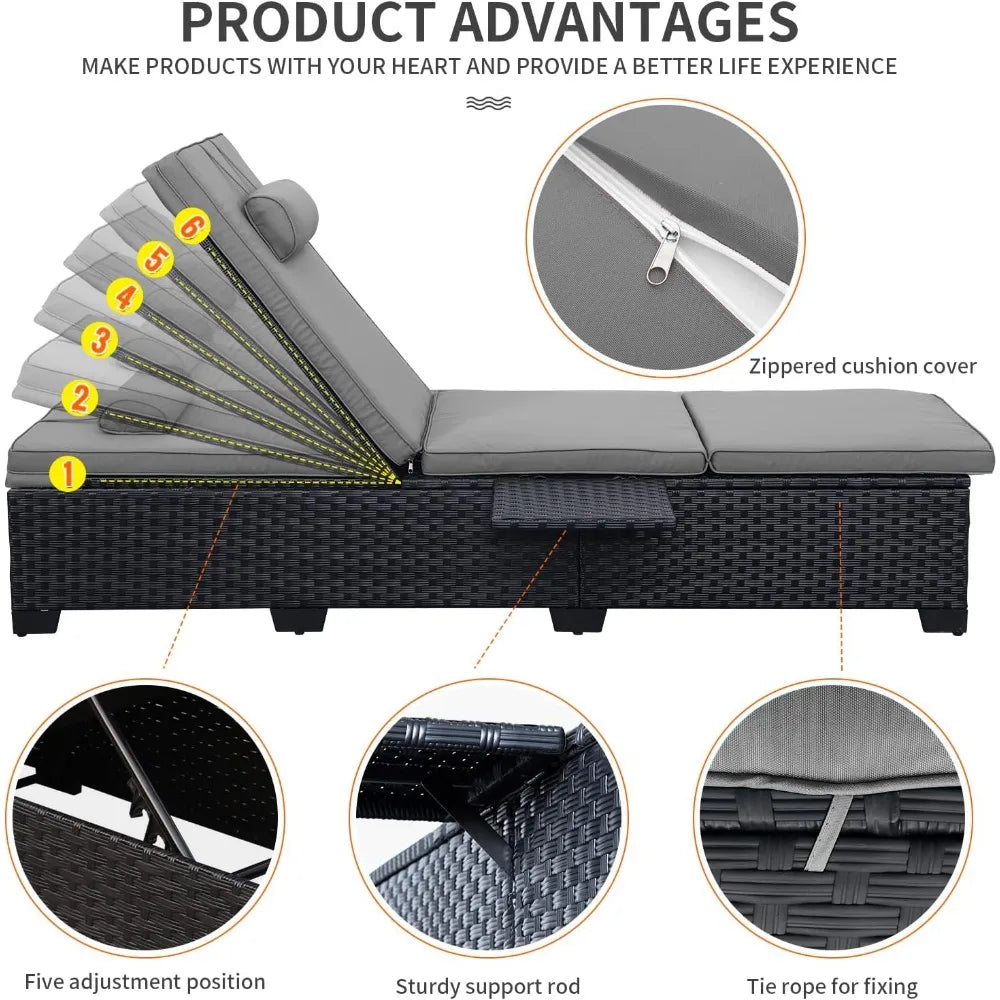 Outdoor Wicker Chaise Lounge Chairs Set Of 2 Reclining Rattan Patio Sun Loungers With Cushion Back Metal Frame For Pool And Patio Black Grey