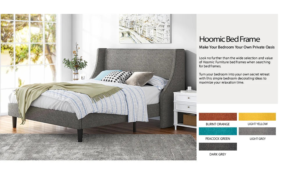 HOOMIC Fabric Upholstered Wingback Platform Bed with Headboard and Wood Slats