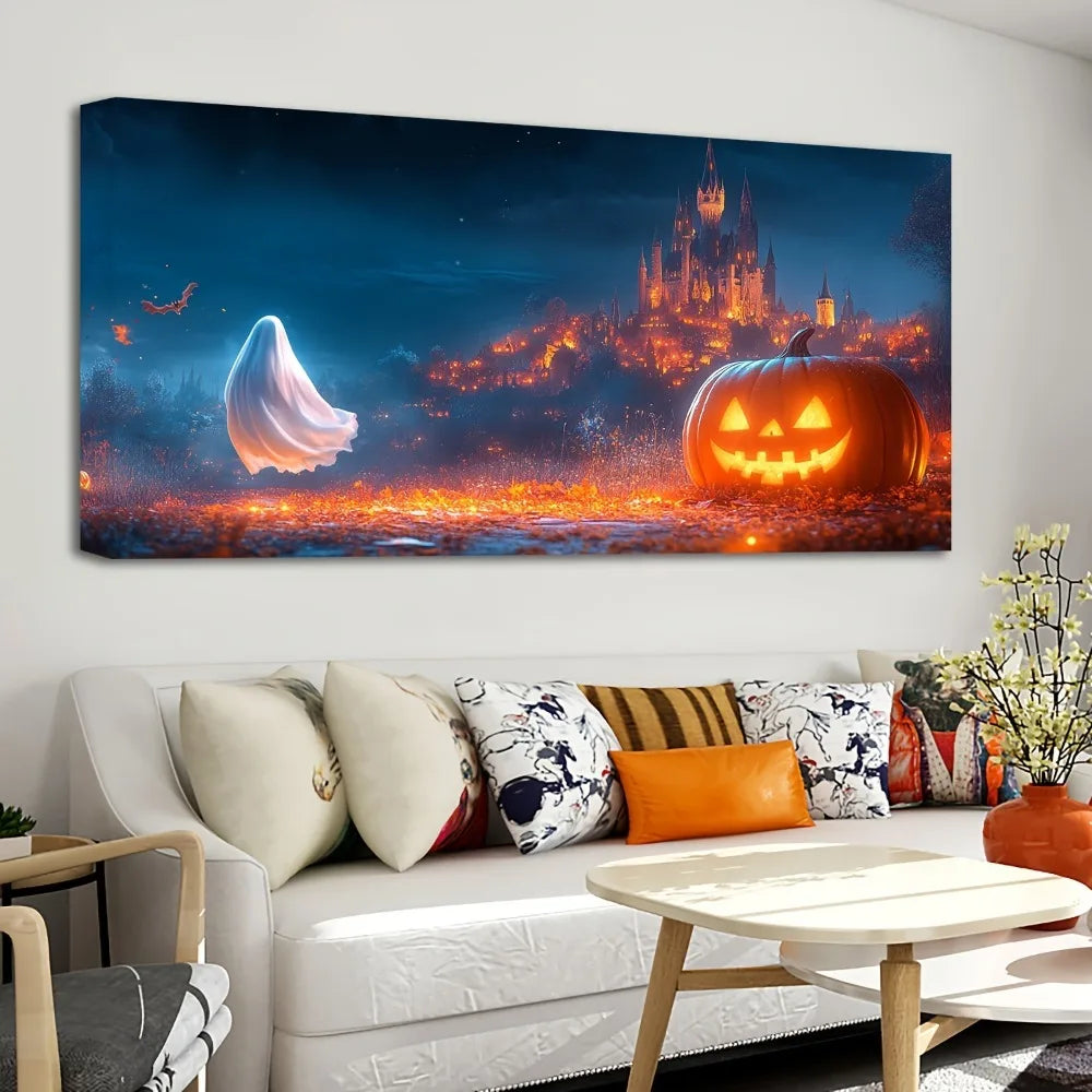 One Point Five Inch Thick Pine Wood Frame Halloween Canvas Wall Art Black Castle
