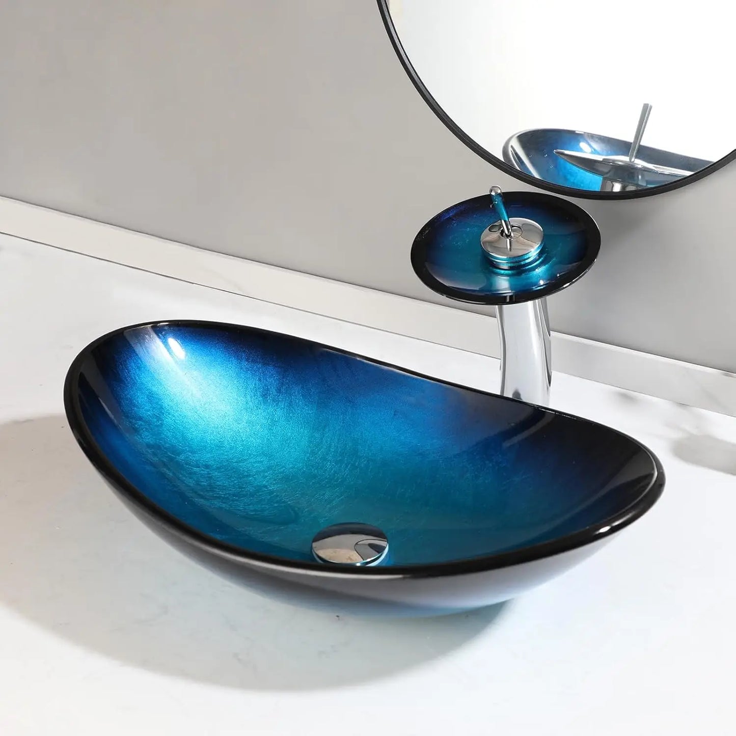 Oval Blue Glass Vessel Sink With Faucet Boat Shape