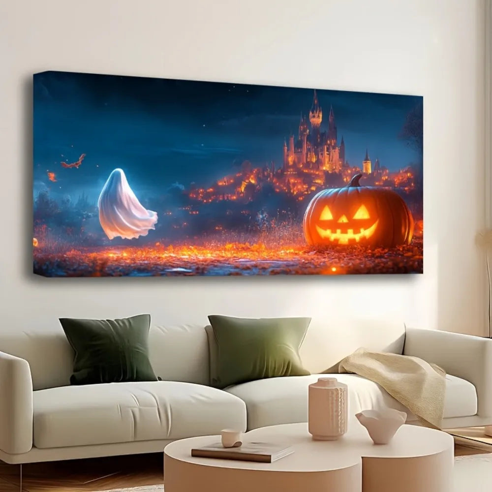 One Point Five Inch Thick Pine Wood Frame Halloween Canvas Wall Art Black Castle