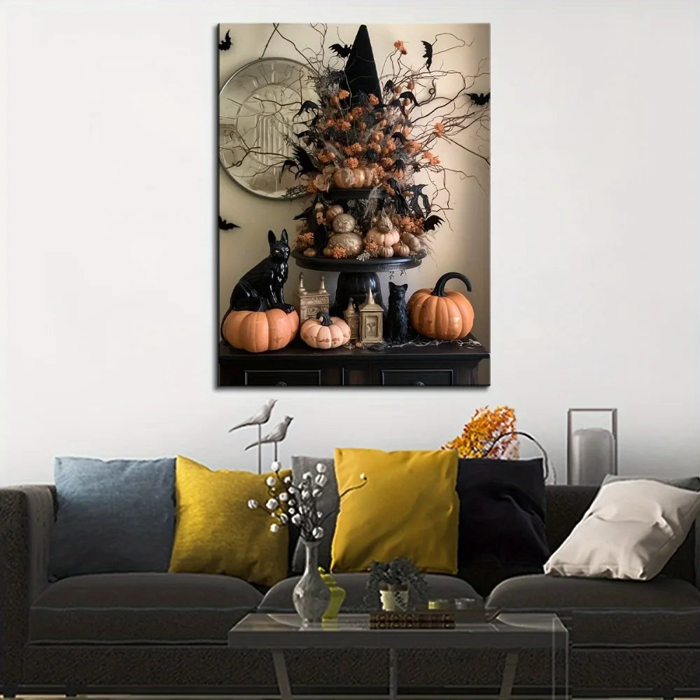 One Point Five Inch Solid Wood Frame Halloween Cat And Pumpkin Art Deco Wall Art