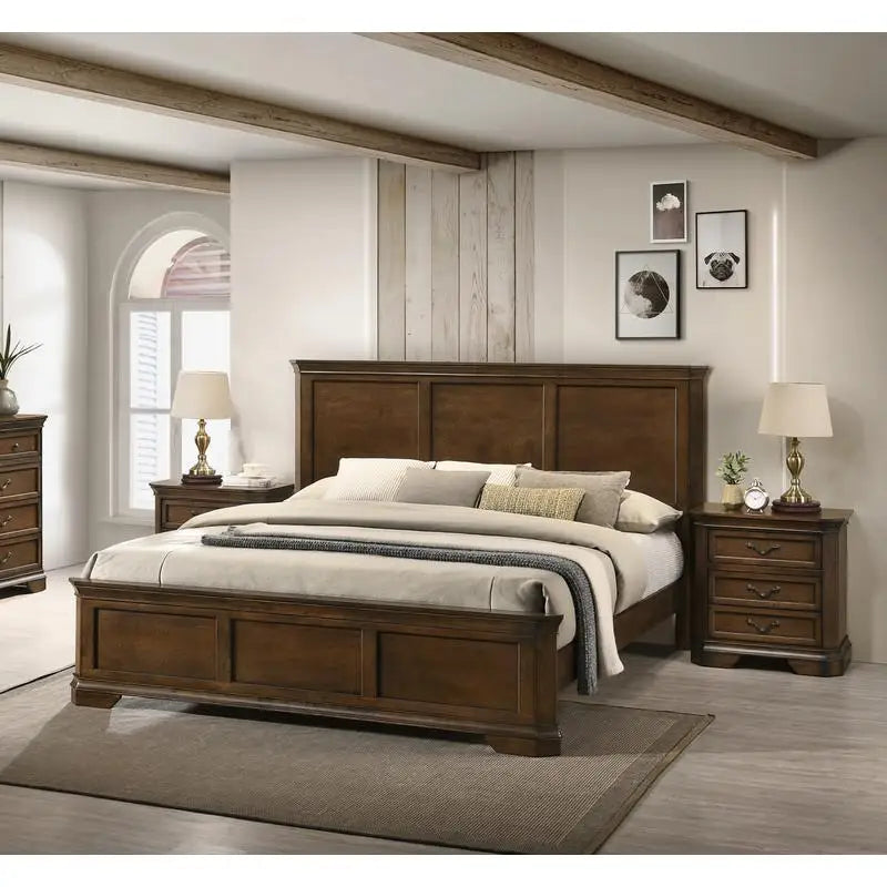 Three Piece Wood Bedroom Set With Queen Panel Bed And Two Nightstands
