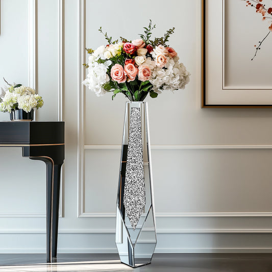 Tall Floor Mirror Vase Large Crushed Diamond Glass Vase for Home Decor Modern Crystal Centerpiece for Living Room Wedding Hotel